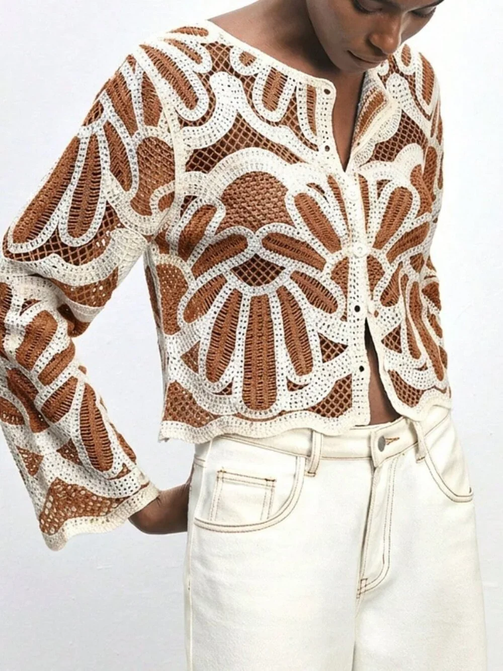 Brown Casual Women's Beach Vacation Allover Print Single-Breasted Cardigan
